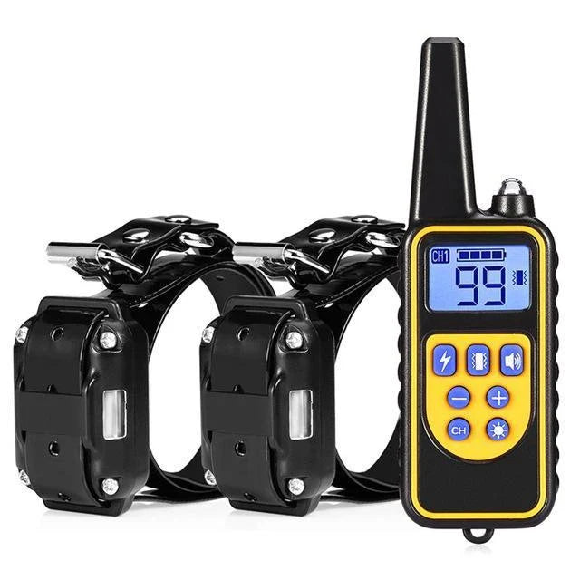 Remote-controlled anti-bark dog training collar with adjustable settings and 800-yard range