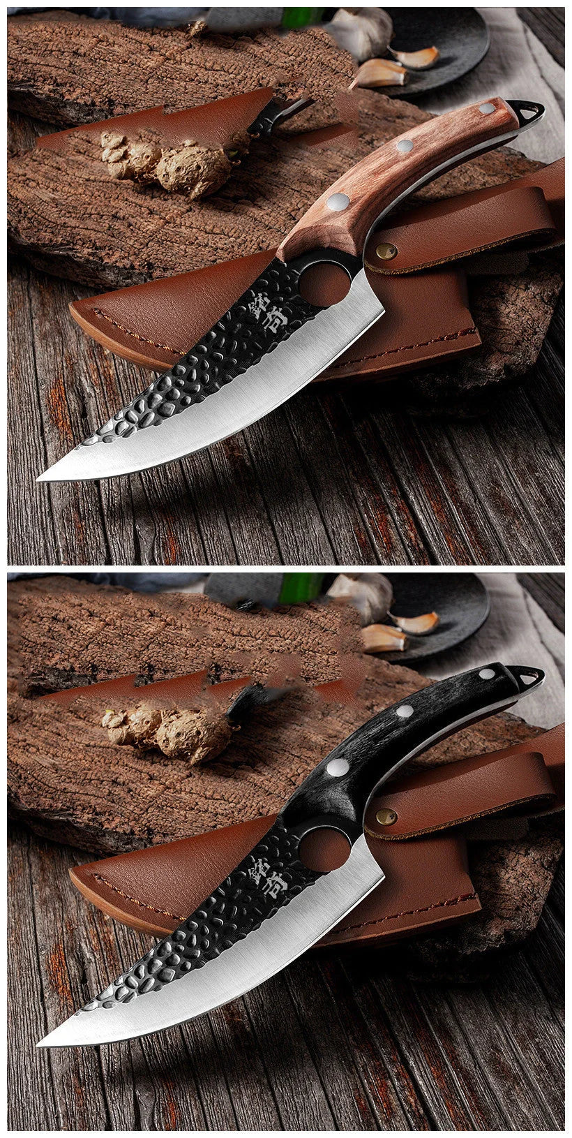 Forged stainless steel boning knife with ergonomic handle and leather sheath