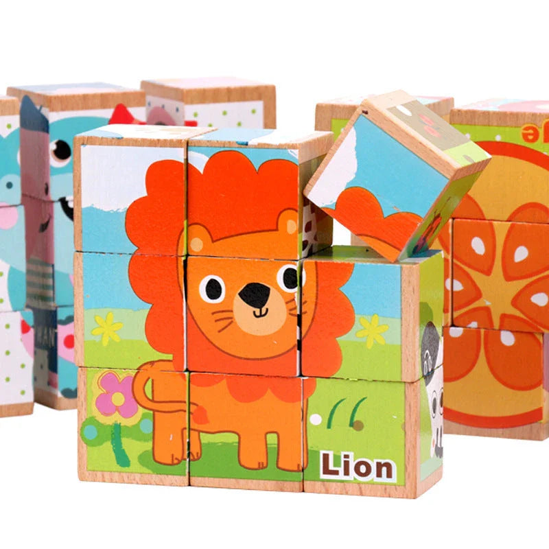 Colourful wooden 3D jigsaw puzzle with various patterns including fruit, insects, traffic, and animals