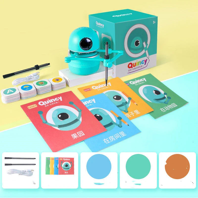 A drawing robot with a suction cup base, designed to guide children through the creative process of drawing and painting