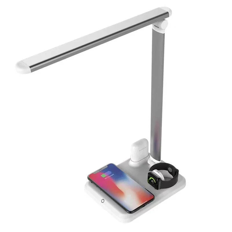 Multifunctional LED desk lamp with wireless charging station, adjustable lighting, and touch controls
