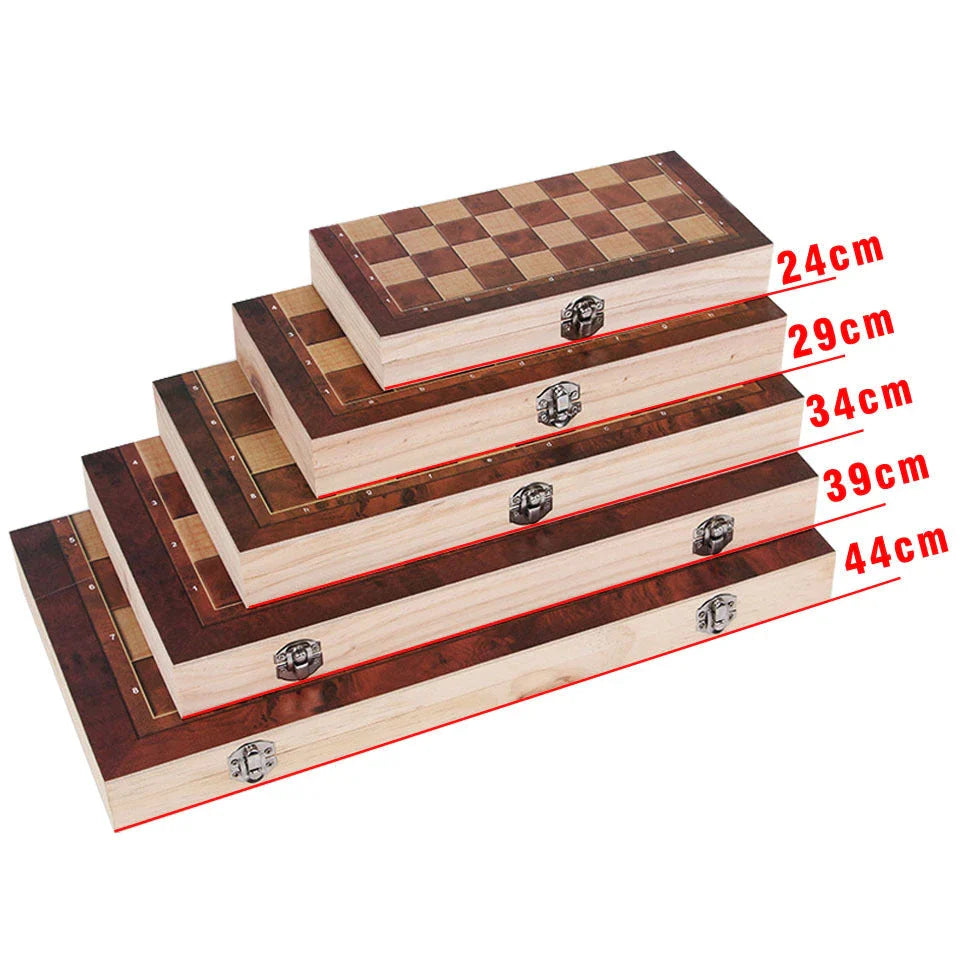 Wooden 3-in-1 board game set with backgammon, chess, and checkers pieces on a wooden game board