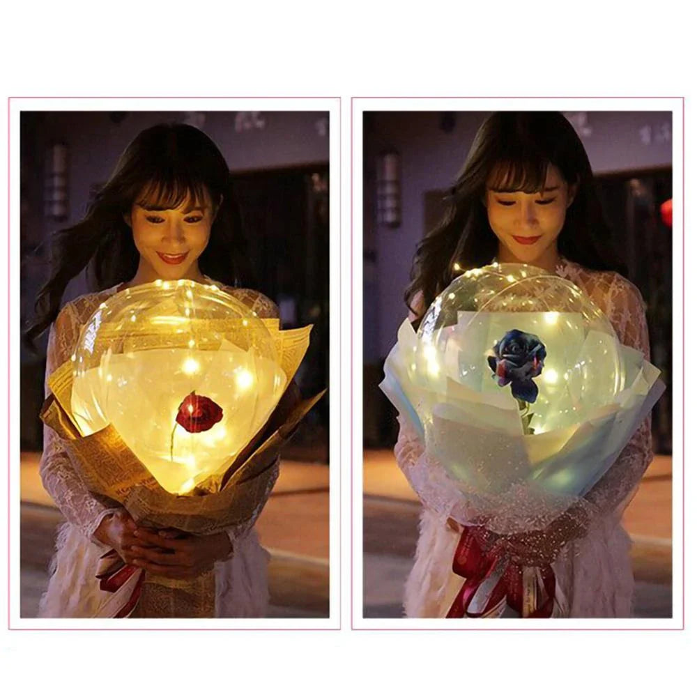 A luminous bouquet of glowing rose-shaped balloons, creating a magical and enchanting display.