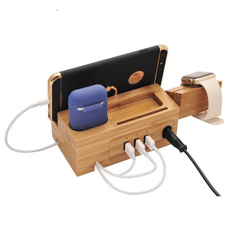 Bamboo charging station for organizing and charging Apple devices like iPhone, Apple Watch, and AirPods