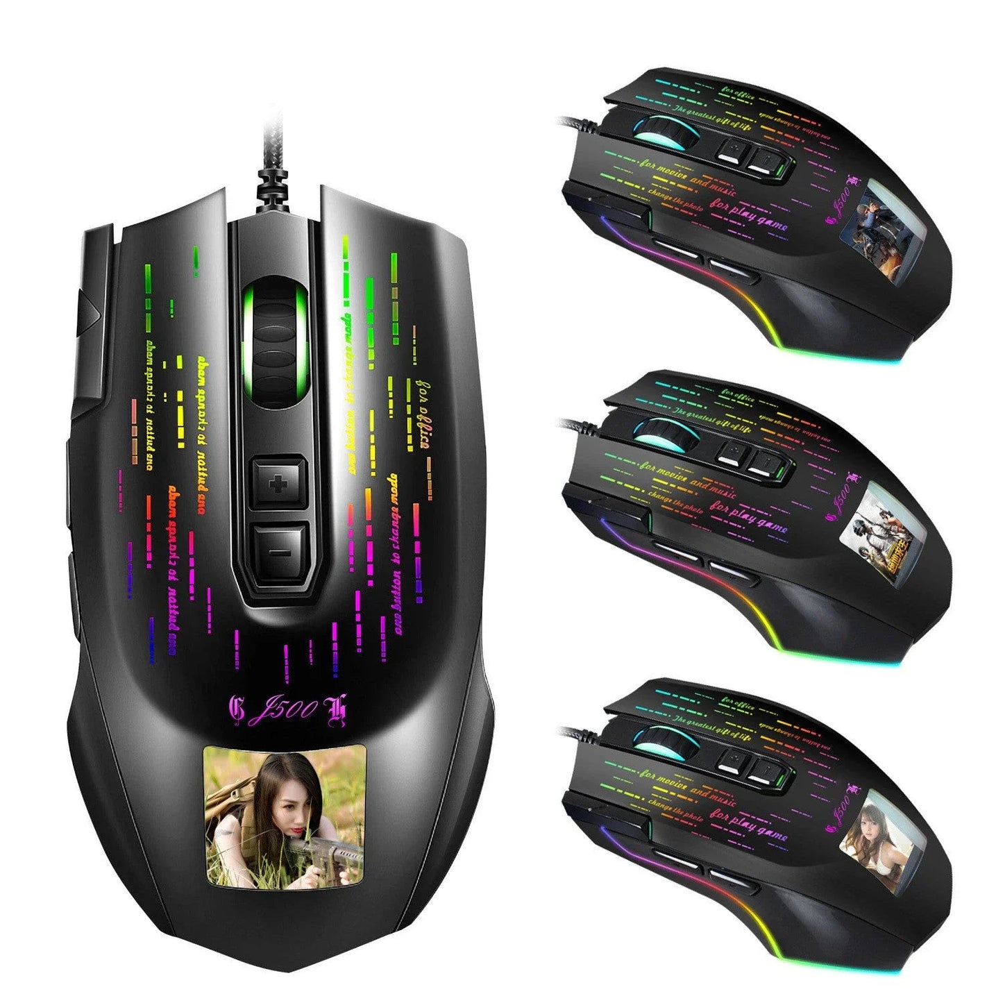 Advanced wired gaming mouse with personalized photo display, customizable RGB lighting, and precision Pixart 3325 sensor