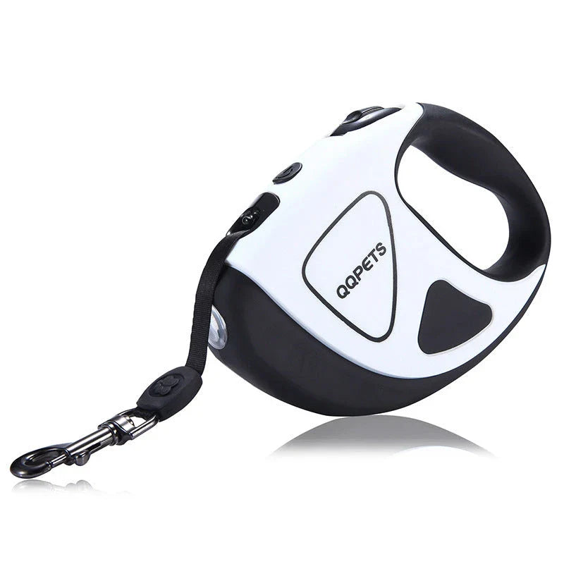 Premium retractable dog leash with luminous safety LED, featuring a rubberized non-slip handle, 360-degree anti-winding design, and durable nylon construction for secure and convenient dog walking.