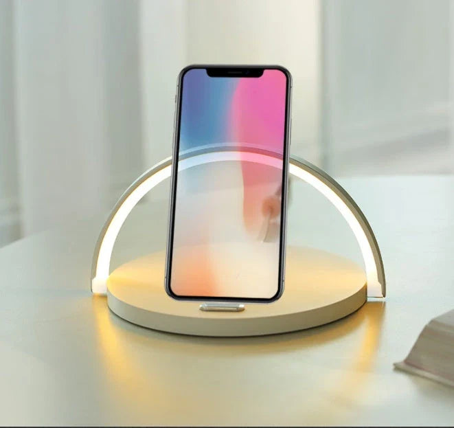 Foldable wireless charging stand with integrated LED table lamp for smartphones