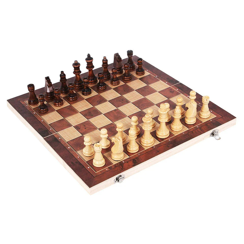 Wooden 3-in-1 board game set with backgammon, chess, and checkers pieces on a wooden game board