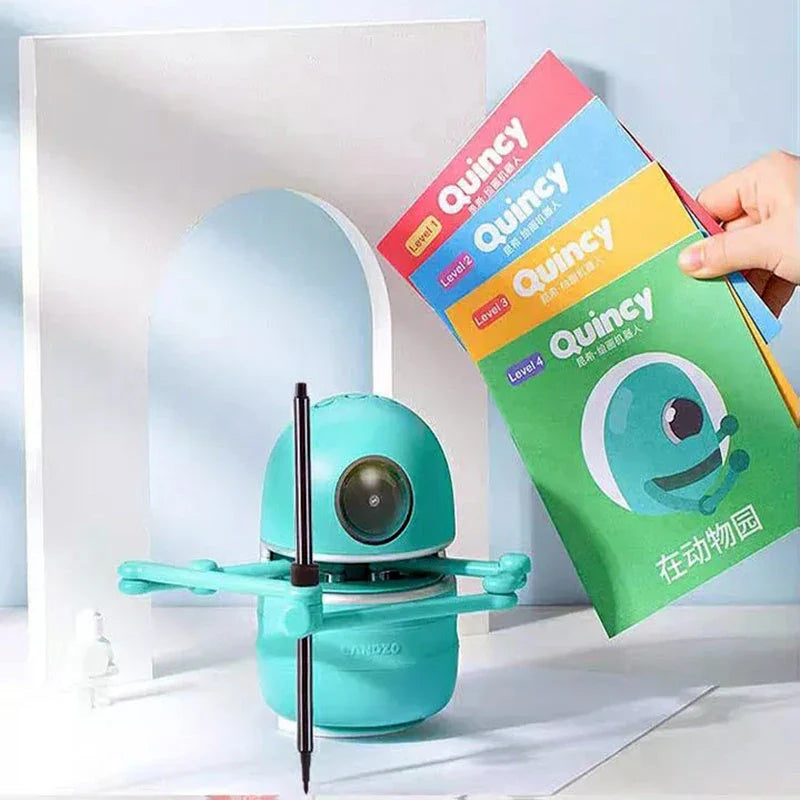 A drawing robot with a suction cup base, designed to guide children through the creative process of drawing and painting
