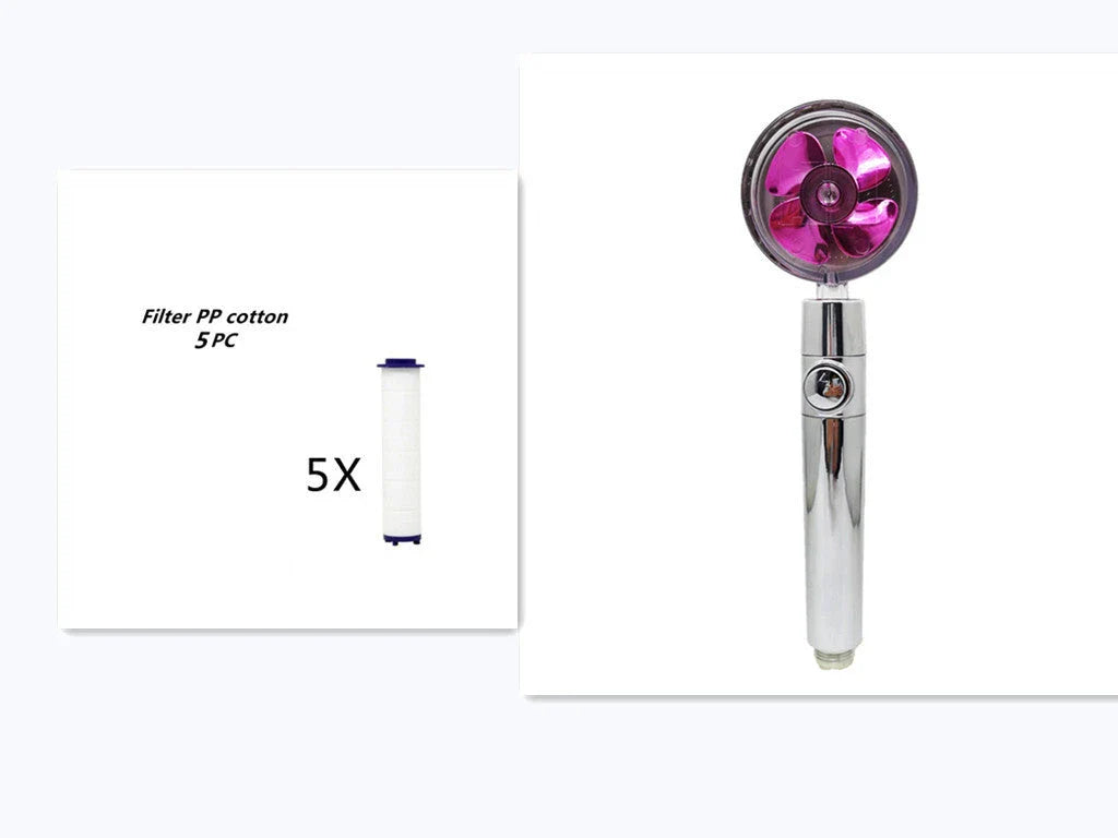 A high-pressure shower head with a stop button, cotton filter, and powerful water pressure for a luxurious bathing experience.