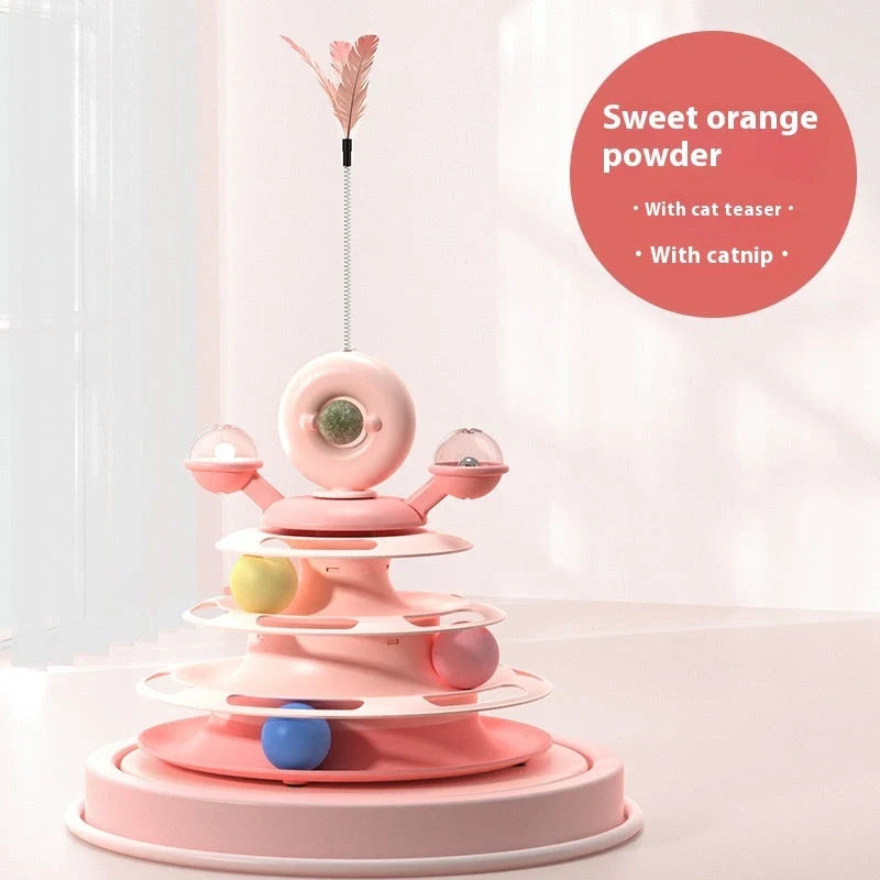 Interactive 4-level cat toy tower with turntable and roller balls in vibrant colours