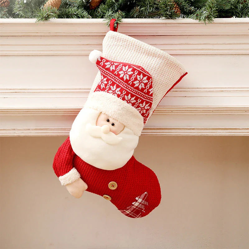 Cozy knit Christmas stocking with classic Santa Claus or whimsical snowman design for festive fireplace and tree decor