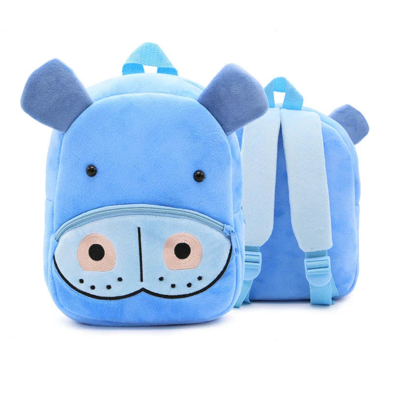 Adorable plush backpacks featuring various animal designs, perfect for primary school children