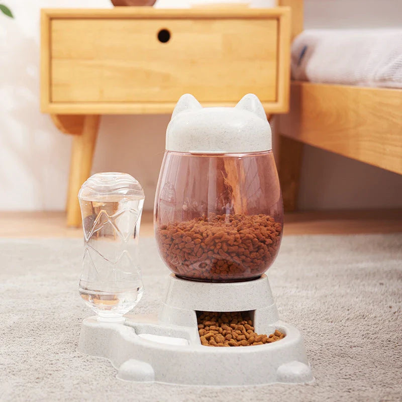 Automatic pet feeder with gravity-powered design, made of durable polypropylene and polyethylene terephthalate materials