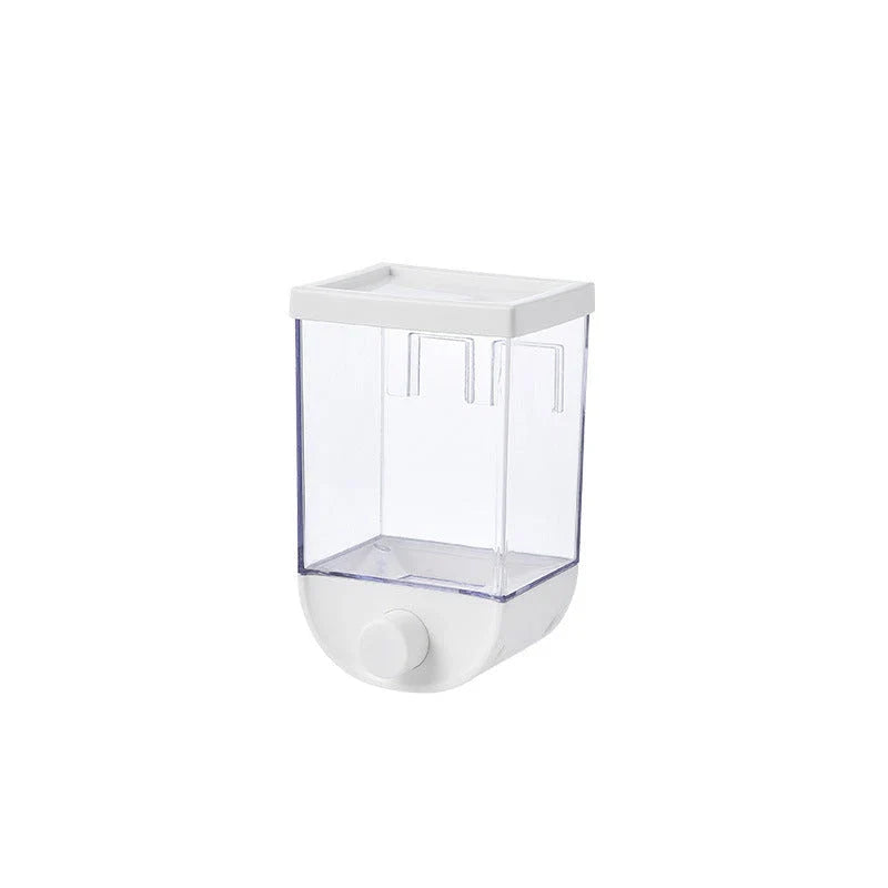 Convenient kitchen food storage container with transparent design, wall-mounted for space-saving storage of cereals, snacks, and other dry goods