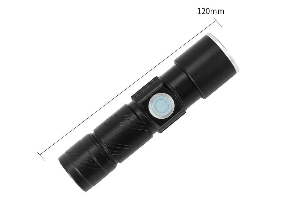 Compact, waterproof and rechargeable LED torch with USB charging, made from durable aluminium alloy for outdoor and emergency use