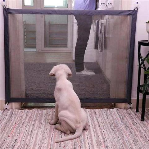Versatile foldable pet safety barrier made of durable mesh fabric and stainless steel for use in doorways, walls, and stairs