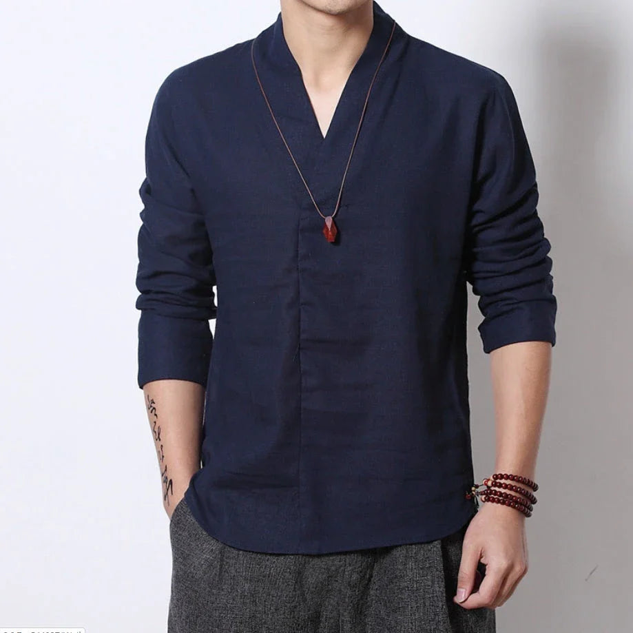 Stylish men's long-sleeved linen shirt with Mandarin collar in a range of sophisticated colours