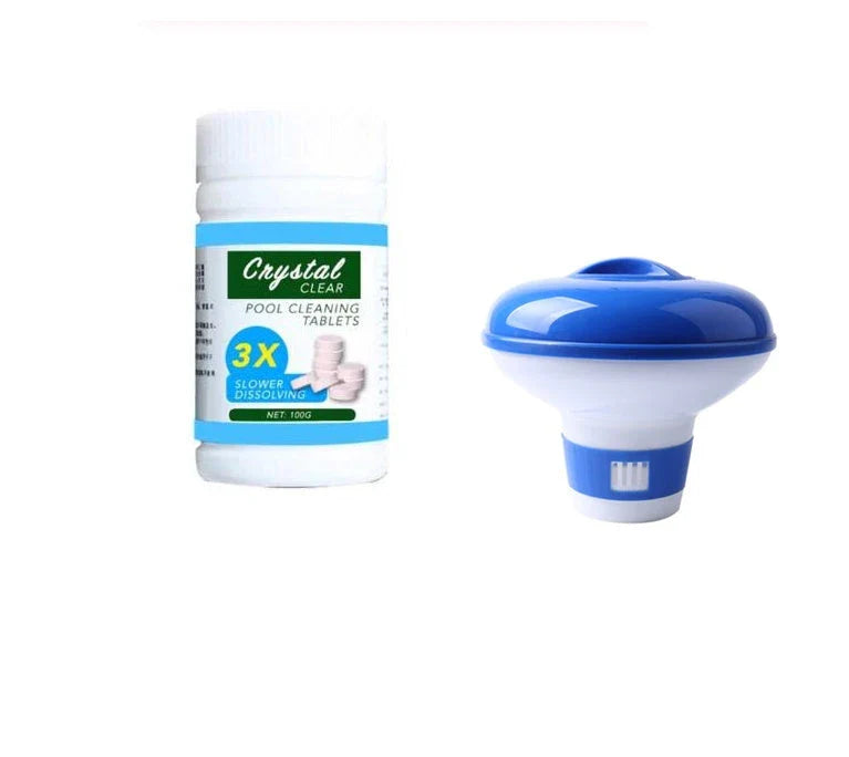 Aqua Fizz effervescent pool maintenance tablets in a box and dispenser on a white background