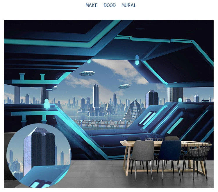 Captivating 3D spaceship wallpaper design featuring vibrant colours and intricate details, perfect for cosmic-inspired home decor