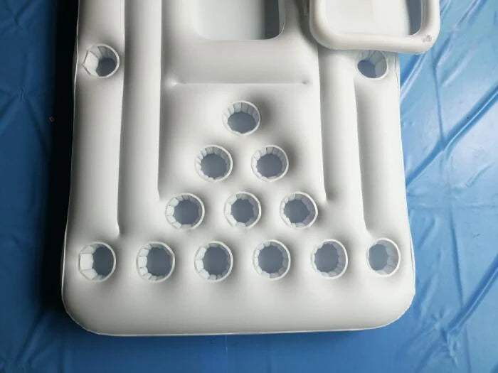 Inflatable beer pong table with built-in cooler floating in pool
