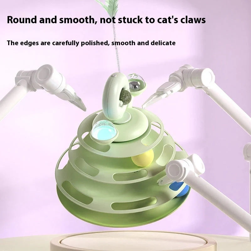 Interactive 4-level cat toy tower with turntable and roller balls in vibrant colours
