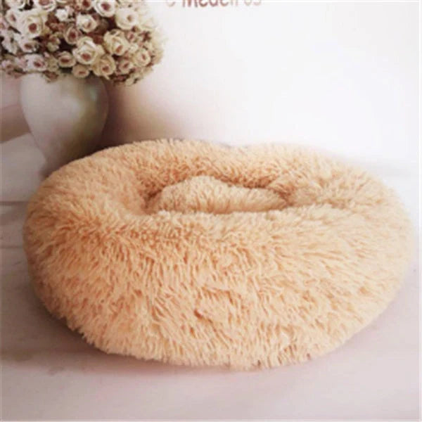 Cosy round plush cat mattress for winter warmth, available in various colours and sizes