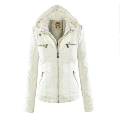Versatile hooded leather jacket with spacious pockets and a sleek, sophisticated design for women