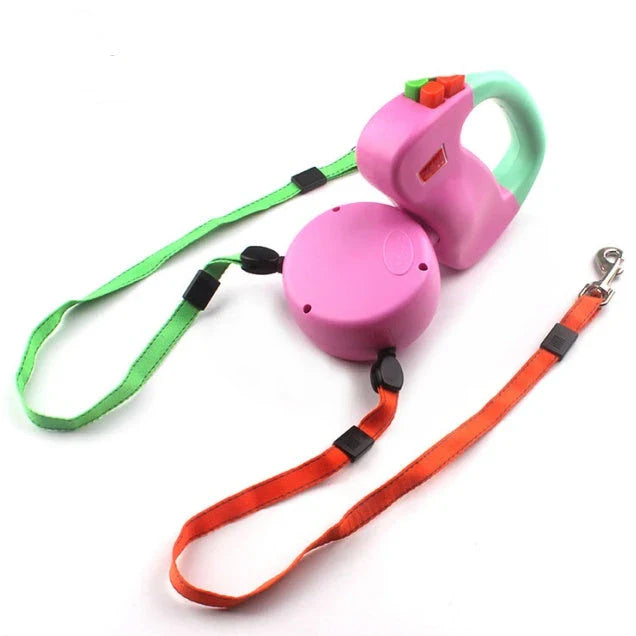 Premium retractable dual dog walking leash made of durable nylon material, offering hands-free control and adjustable length for dogs of all sizes.