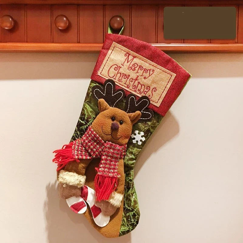 Festive Christmas stockings with 3D appliqués of snowmen, Santa Claus, and elk