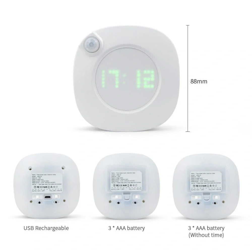 Mini Solid Colour Smart Time Human Body Sensor Light with rotary dimming and time display