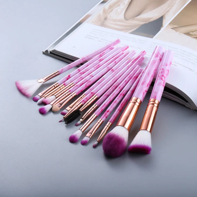 15 Marbled Design Makeup Brushes Set in various colours with roll-up case