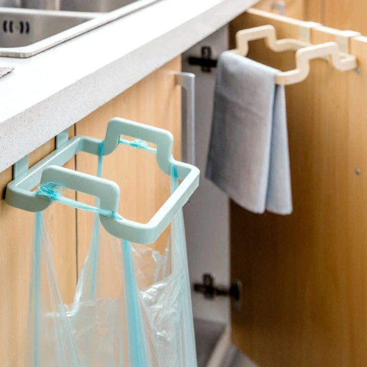 Versatile kitchen storage caddy that hangs discreetly behind cabinet doors, available in a variety of vibrant colours