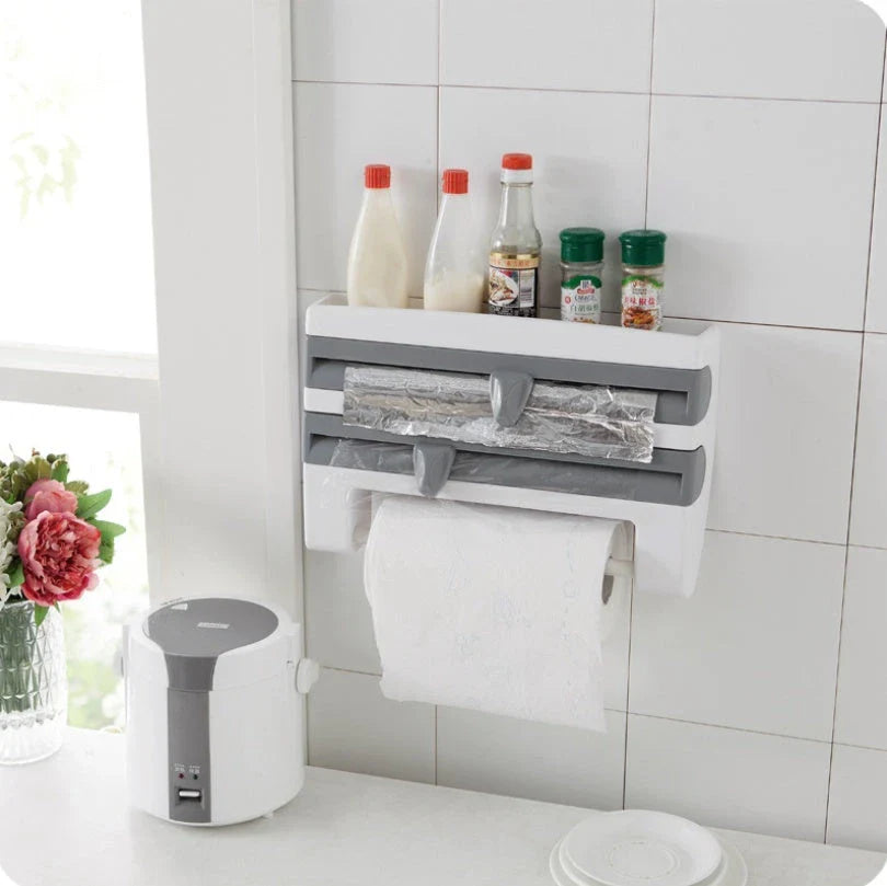 Premium wall-mounted cling film dispenser and cutter with compartments for storing and cutting kitchen wraps