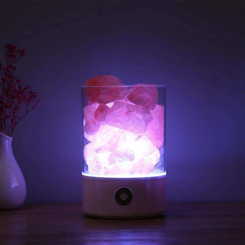 Himalayan salt lamp with warm, amber glow and adjustable lighting settings