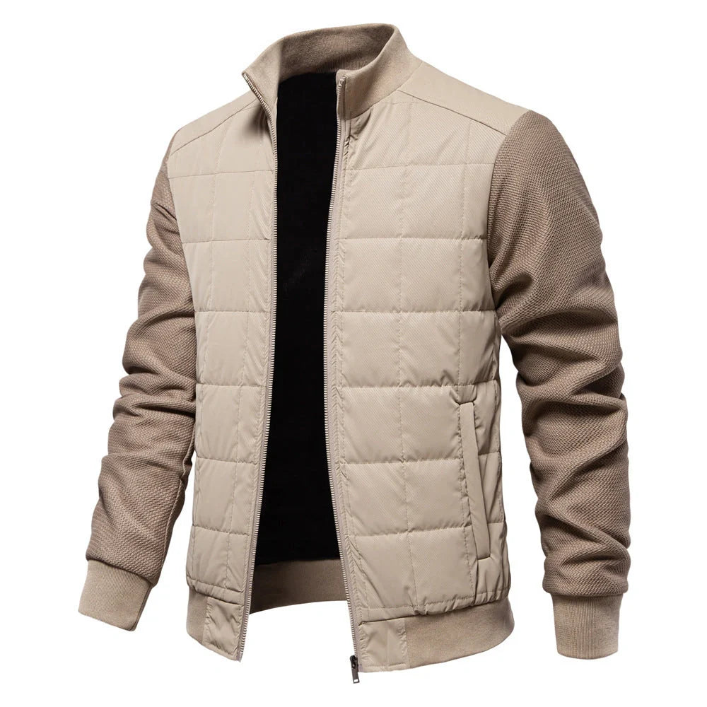 Stylish men's winter jacket with unique stitching design, stand collar, and variety of classic colours