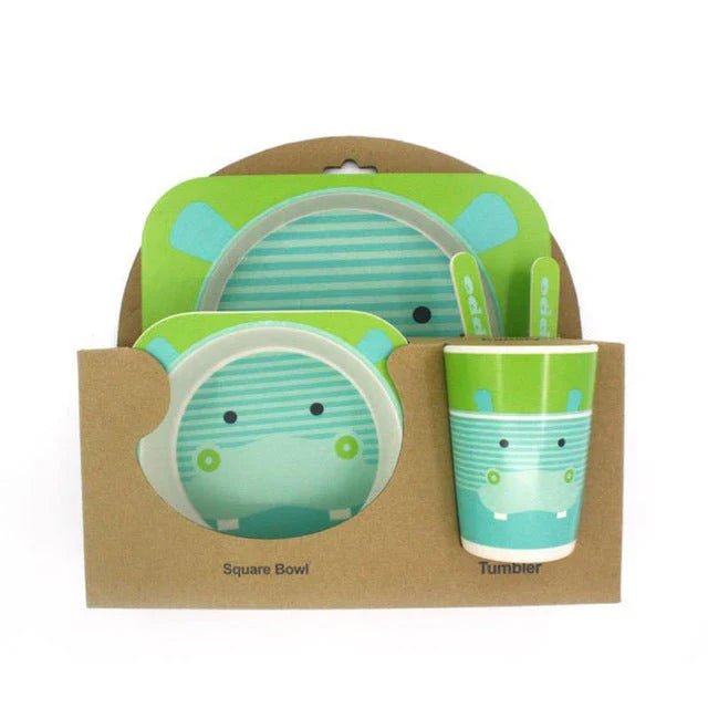 Five-piece bamboo fibre children's tableware set with plates, bowls, cups, spoons, and forks in various animal-themed designs