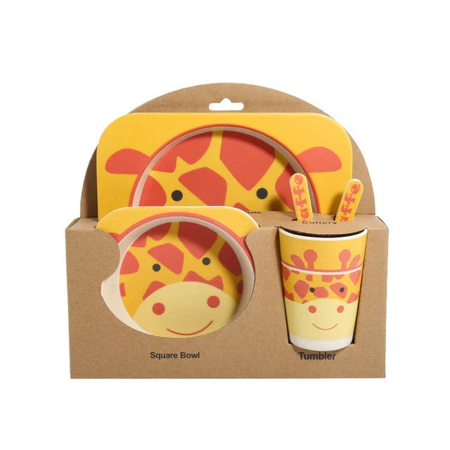 Five-piece bamboo fibre children's tableware set with plates, bowls, cups, spoons, and forks in various animal-themed designs