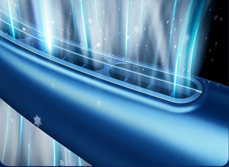Neck-mounted bladeless fan with imitation aircraft turbine design, dual air outlets, and chilled aluminium sheets for rapid cooling