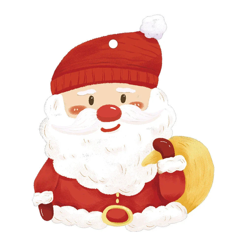 Festive car ornament hanging from rearview mirror with Christmas designs