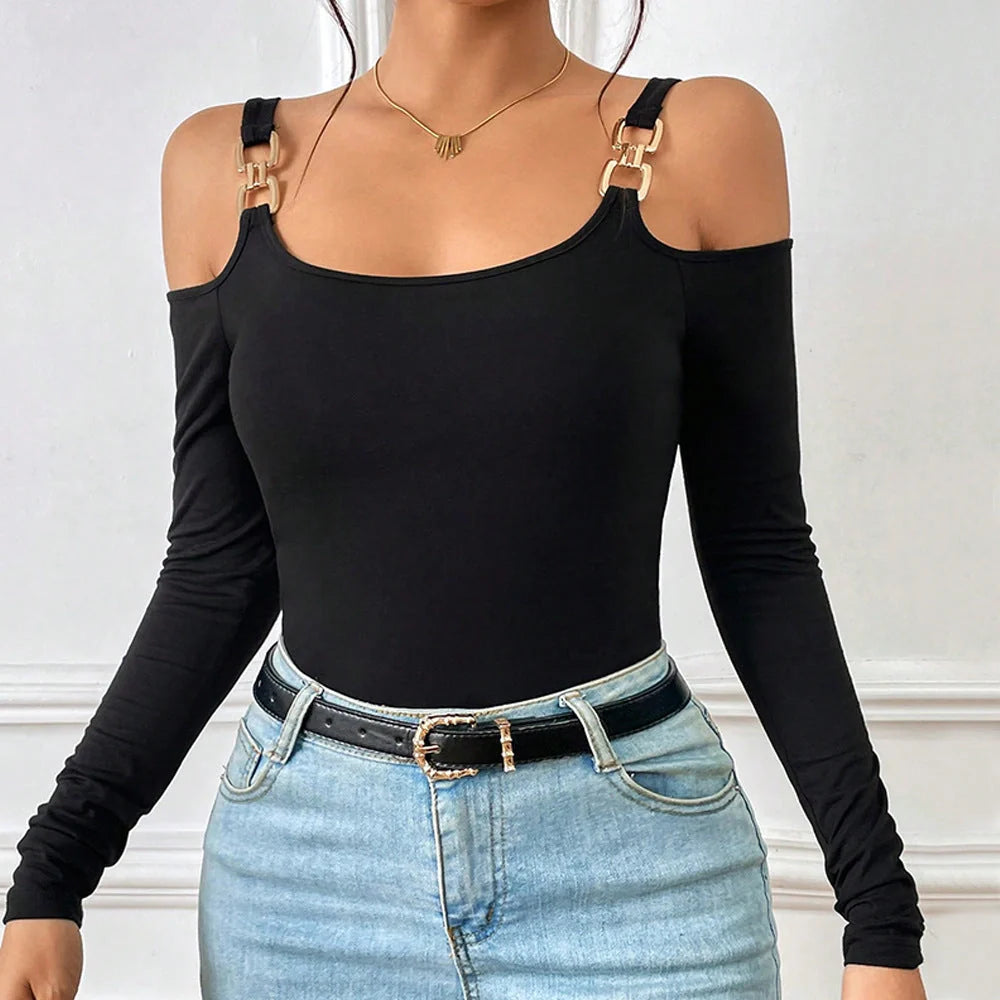 Stylish off-shoulder top with metal hook closure, long sleeves, and premium knitted fabric for modern British fashion