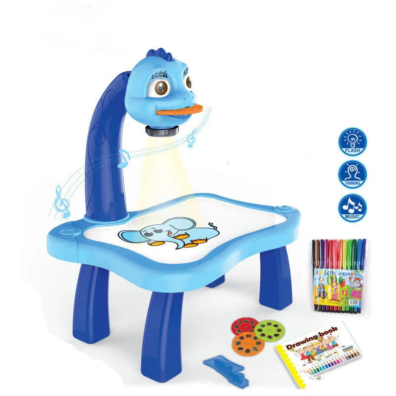A smart projection art desk with various colourful patterns, drawing pens, and a blank drawing book, designed to stimulate children's creativity and intellectual development.