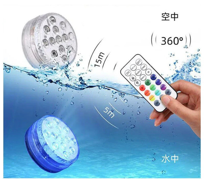 Wireless submersible LED lights with remote control, perfect for pools, spas, and outdoor decor