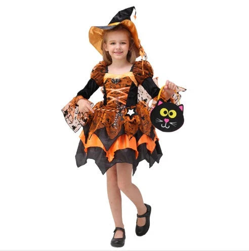 A children's Halloween costume in the form of a princess dress, featuring a stylish and fashionable design made with soft, gentle materials.