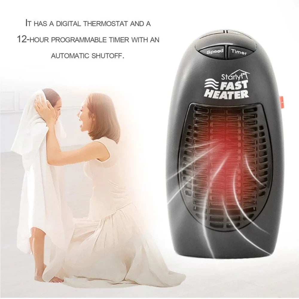 Versatile ceramic mini heater with 360-degree rotating plug, digital thermostat, and programmable timer for efficient home heating