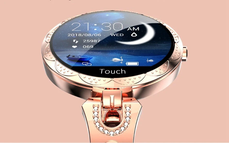 Stylish smartwatch with sleek design, high-definition colour display, and health monitoring features for fashionable British women