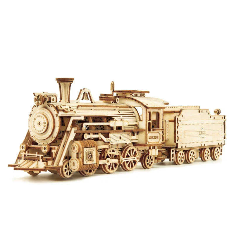 Premium wooden train model kit with detailed components and instructions for DIY assembly