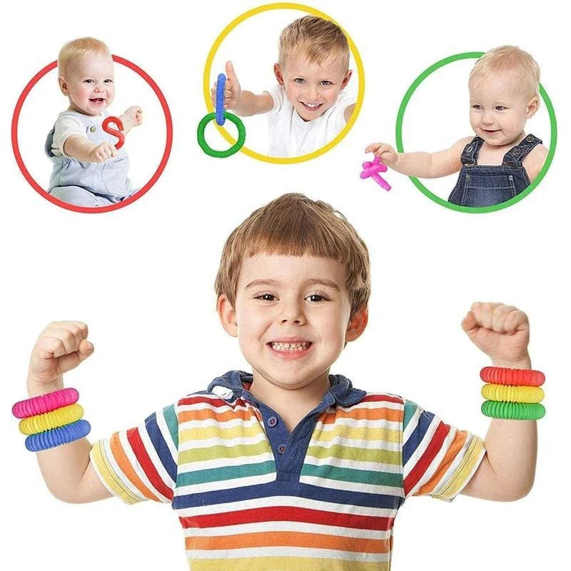 Colorful, flexible sensory tube toy for children's creative play, motor skill development, and tactile stimulation