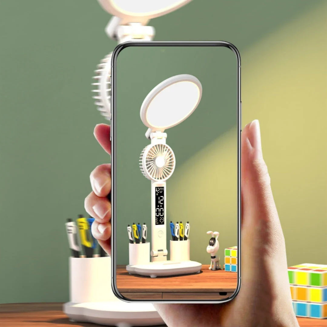 Versatile USB charging table lamp with LED clock, dimmable lighting, and detachable fan for workspace convenience and comfort