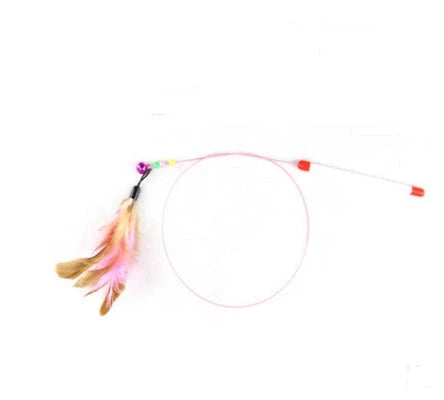 A handcrafted cat toy made from solid wood and natural materials, featuring a feather-on-a-stick design to captivate and engage your feline friend.